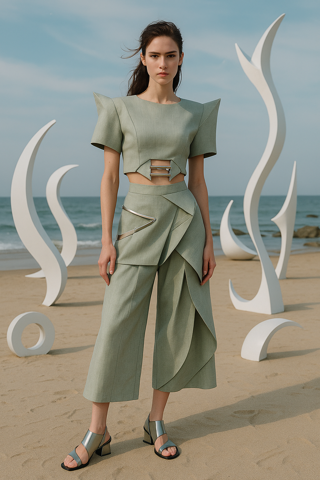 Woman in sage linen set - alternate view